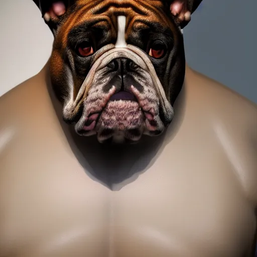 Image similar to centered detailed portrait of a bulldog in boxing gloves, realistic concept, gazing eyes, video game art, fantasy, illustration, slender symmetrical face and body, artstation, cinematic lighting, hyperdetailed, cgsociety, 8 k, octane render, golden ratio, postprocessing,