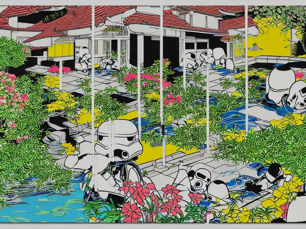 Prompt: detailed composition of the japanese home with a garden and a pond, 2 stormtroopers sitting around it, pop - art style, jacky tsai style, andy warhol style, roy lichtenstein style, rich palette, acrylic on canvas