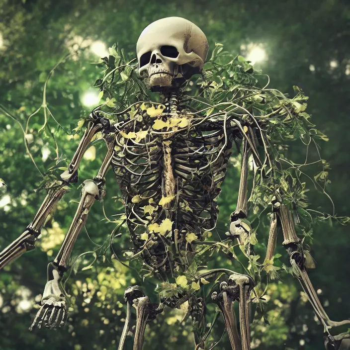 Prompt: overgrown foliage over a full - robot skeleton on the ground, close - up, 3 5 mm, f 1. 8, bokeh, beautiful, lens flare, emotional, sweet, flowers, detailed, picture, trending on artstation, award - winning, shiny, golden