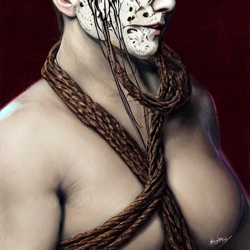 Image similar to portrait of a Shibari rope wrapped face and neck, headshot, insanely nice professional hair style, dramatic hair color, digital painting, of a old 17th century, old cyborg merchant, amber jewels, baroque, ornate clothing, scifi, realistic, hyperdetailed, chiaroscuro, concept art, art by Franz Hals and Jon Foster and Ayami Kojima and Amano and Karol Bak,