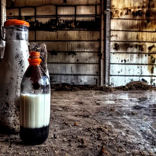 Prompt: dirty bottle of milk and a cow inside rusted slaughterhouse