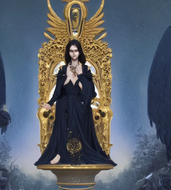 Image similar to god of death, young male, in the underworld, elegant dark blue dress, very detailed, throne, very intricate details, jewelry, gold eyeshadow, elaborate long black hairstyle, wings, cinematic, artstation, william bouguereau, magali villeneuve, greg rutkowski, rossdraws, octane render