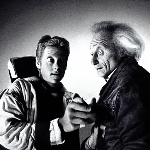 Prompt: marty and doctor brown from back to the future, cinematic, low lighting, anomorphic lense