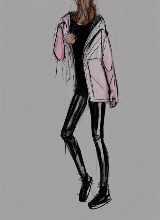 Prompt: a conceptual fashion sketch of a girl wearing a chloma designed anorak with skinny legs and futuristic leggings