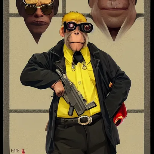 Image similar to [Monkey as president of Banana as GTA character, propaganda!, closeup, D&D, intricate, elegant, highly detailed, digital painting, artstation, concept art, matte, sharp focus, illustration, art by Artgerm and Greg Rutkowski and Alphonse Mucha and Enki Bilal]