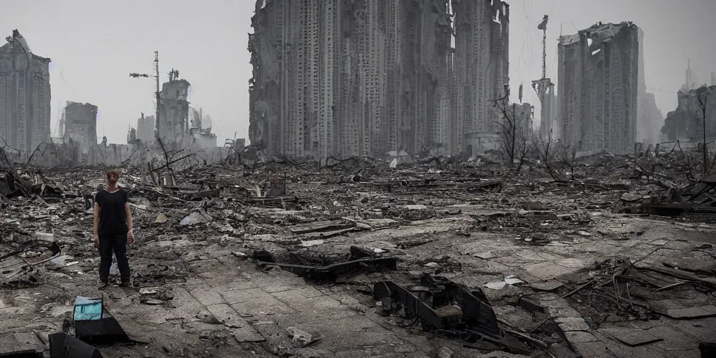 Image similar to one survivor in the middle of the ruins of cyberpunk moscow after the bombing, a minimum of surviving houses, a dim sky, a dead city