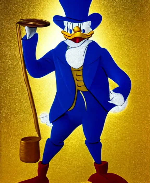 Image similar to Scrooge McDuck from the Duck Tales in blue costume standing on a mountain of golden gold and holding a cane, view from below, full body portrait including head, oil painting, highly detailed