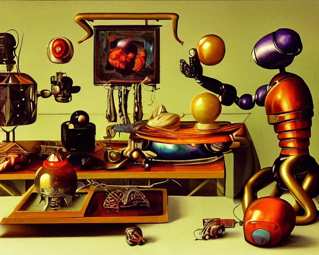 Image similar to strange seductive futuristic robot body, enticing colorful oil painting dutch golden age vanitas still life sparse composition with bulbous objects strange gooey transparent surfaces shiny metal reflections bizarre mutant meat insects rachel ruysch dali todd schorr very detailed perfect composition rule of thirds masterpiece canon 5 0 mm, cinematic lighting, photography, retro, film, kodachrome