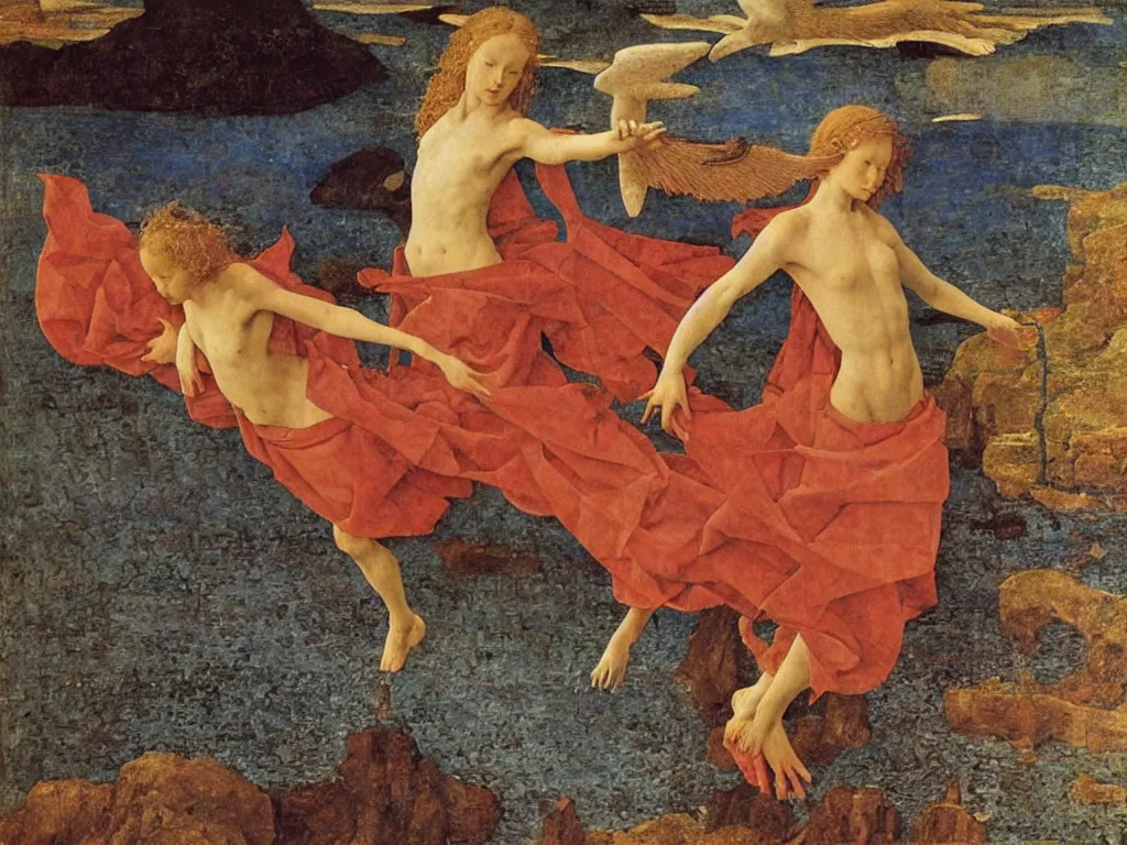 Image similar to Terrifying angel separating the waters in two. Coral-like pebbles, autumn light. Painting by Jan van Eyck, Fra Filippo Lippi, Rene Magritte, Jean Delville, Max Ernst