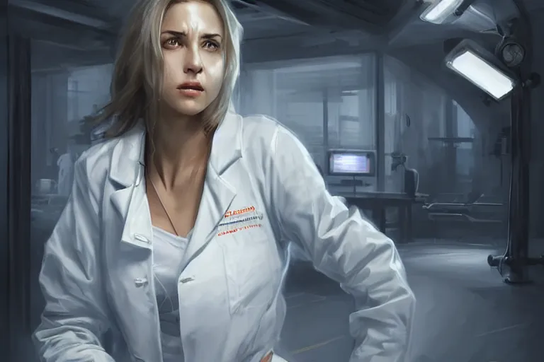 Image similar to a poster of emergency room, an elegant and beautiful female doctor in a white coat, cinematic, highly detailed, digital painting, artstation, concept art, matte, sharp focus, illustration, industrial light and magic, art by artgerm and greg rutkowski