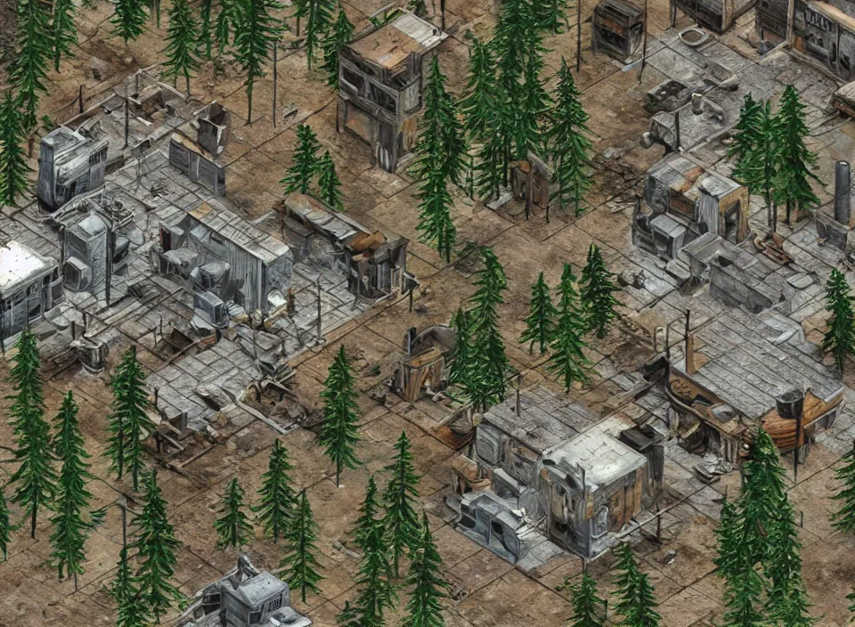 Prompt: Screenshot of the outside of an diseased pine forest in Fallout 2 (1998), isometric perspective, postapocalyptic, bird's eye view, prerendered isometric graphics, high quality
