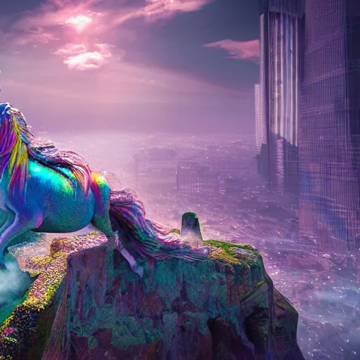 Image similar to a iridescent unicorn on a cliff overlooking a dystopian city covered in colorful toxic smog, ultra realistic, concept art, intricate details, highly detailed, photorealistic, octane render, 8 k, fantasy art, masterpiece