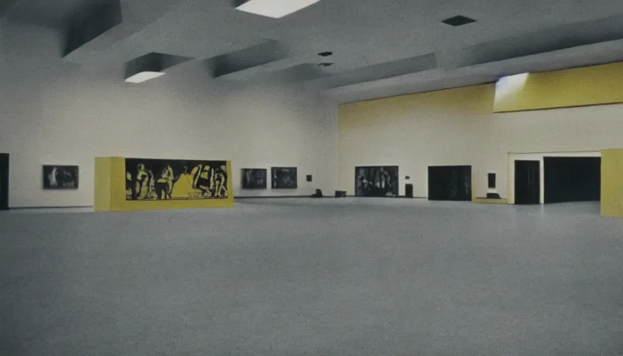 Image similar to 60s movie still of a sovietic stalinist style empty art museum with a soviet congress with yellow wall, super 8 film, liminal Space style, heavy grain