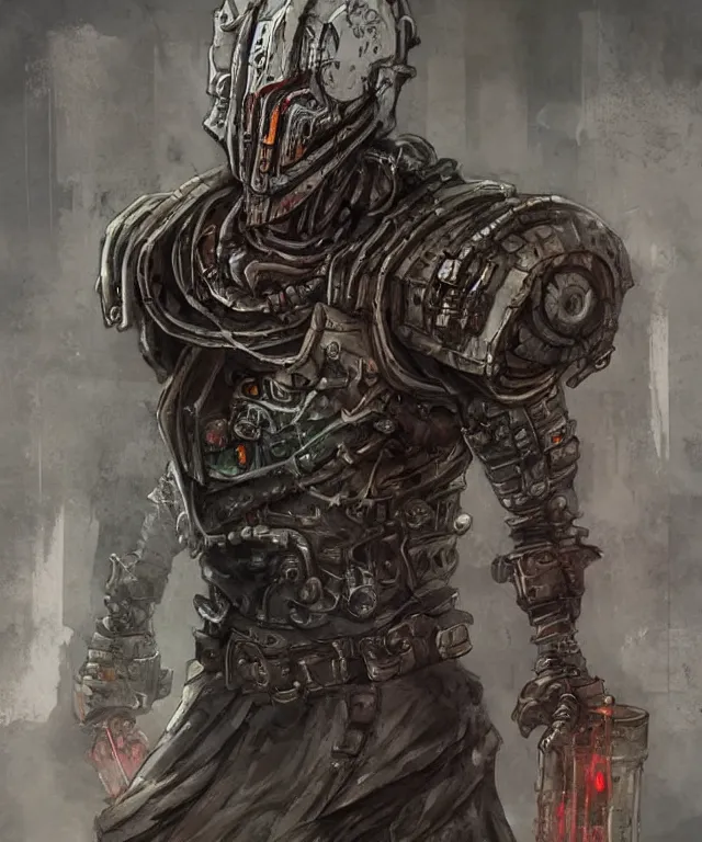Prompt: a oil / watercolor painting full body character portrait of a corrupt cyborg in the style of dark souls in the style of darkest dungeon trending on artstation deviantart pinterest detailed realistic hd 8 k high resolution