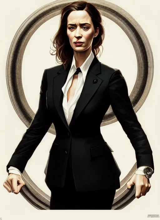 Image similar to portrait of emily blunt as business woman, black suit, white shirt, black tie, intricate, headshot, highly detailed, digital painting, artstation, concept art, sharp focus, cinematic lighting, illustration, art by artgerm and greg rutkowski, alphonse mucha, cgsociety