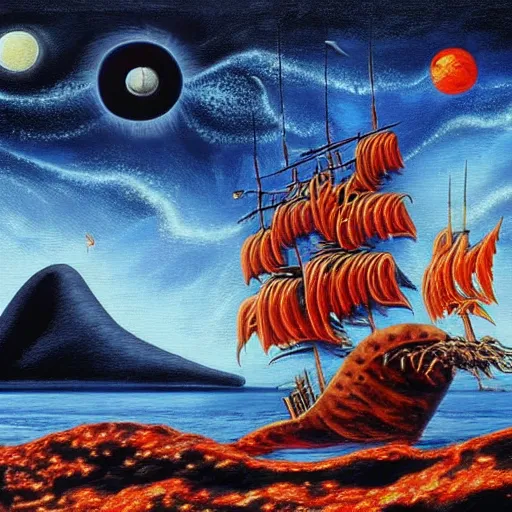 Image similar to Surrealistic painting of a pirate ship on lava, planets on the background, extremely detailed