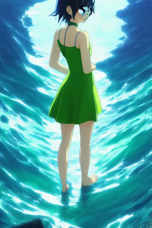 Image similar to makoto shinkai, artgerm, ilya kuvshinov, beautiful anime women with green dress, long blue hair, water powers water swirling, symmetrical face, symmetrical eyes, detailed, beach setting, cinematic lighting