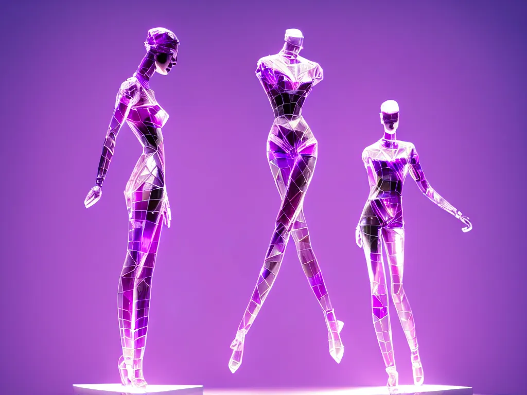 Image similar to beautiful mannequin sculpted out of amethyst by billelis + lit with purple 3 d geometric neon + chrome geometric cubed bonsai plants!!!!, doorway opening with neon pink geometric light, clean linework, dramatic, finely detailed, rule of thirds, moody, confident, award winning, 4 k, trending on artstation, photorealistic, volumetric lighting, octane render