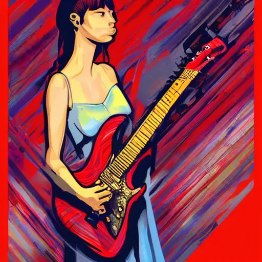 Image similar to beautiful women playing guitar, tv in the background, weta studios, art poster, in the style of james jean