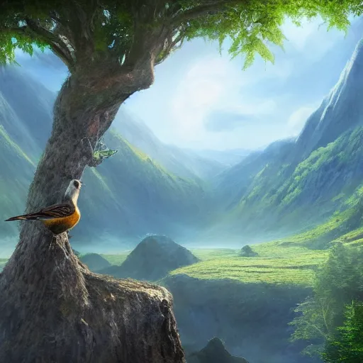 Prompt: The most beautiful realistic matte painting of a blue ring neck bird sitting on a tree surrounded by mountains, fantasy, dream-like, artstationHQ