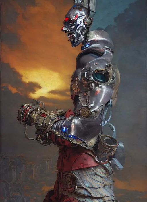 Prompt: portrait of a diabolical cyborg clown samurai armed with ion launcher, torn cape, dynamic pose, glowing eyes, ancient ruins, glowing veins subsurface scattering, in clouds, sunset, portrait, by gerald brom, by mikhail vrubel, by peter elson, muted colors, extreme detail, reflections, trending on artstation, 8 k