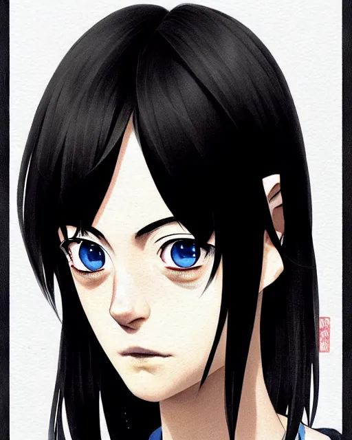 Image similar to portrait Anime kaya scodelario, skins, cute-fine-face, black-hair, blue eyes, pretty face, realistically shaded, Perfect face, fine details. Anime. skins, realistic shaded lighting by Ilya Kuvshinov, katsuhiro otomo, ghost-in-the-shell, magali villeneuve, artgerm, rutkowski, WLOP Jeremy Lipkin, Giuseppe Dangelico Pino, Michael Garmash, Rob Rey