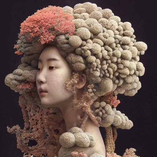 Image similar to a sculpture portrait of a beautiful young japanese girl made of smoke mushrooms and coral reefs and crystals and plants, muted cold colors, painting part by wojciech siudmak, part by ilya repin, part by norman rockwell, artstation