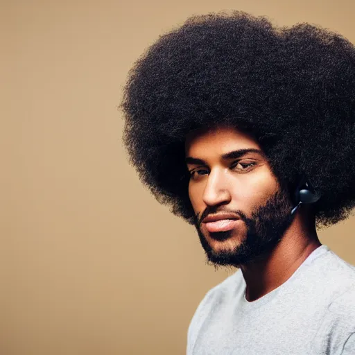 Image similar to portrait of black man with afro wearing headphones, looking cool, hd