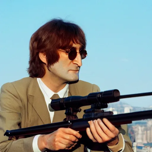 Image similar to john lennon looking down a sniper rifle, city background, photography, high quality, 8 k,