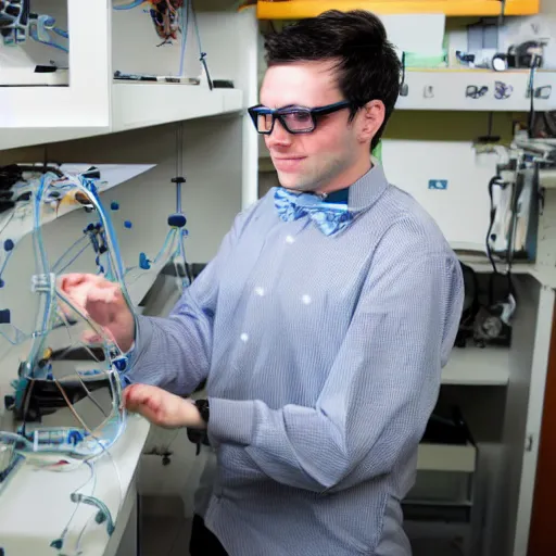 Prompt: a guy with dark hair and glasses doing high energy physics research