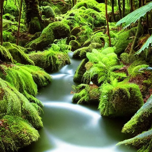 Image similar to 1 0 round pools of water in an open forest, the wood between the worlds, narnia, cs lewis, lush green forest, moss and ferns, ferns,