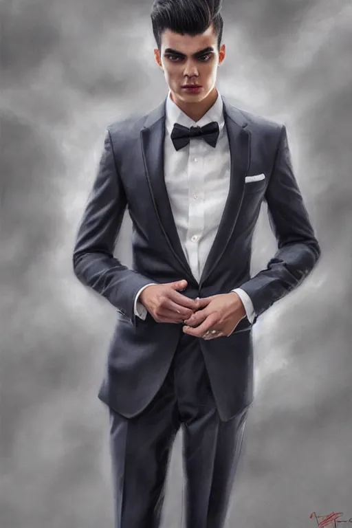 Image similar to full body photo of a gorgeous young man wearing a formal suit in the style of stefan kostic, realistic, sharp focus, 8k high definition, insanely detailed, intricate, elegant, art by stanley lau and artgerm