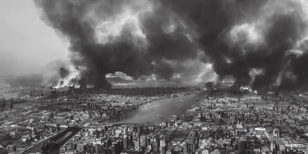 Image similar to dieselpunk city skylines completely engulfed in flames, huge fires everywhere, clouds of smoke, explosions, aerial view, wide shot, 120 black and white film