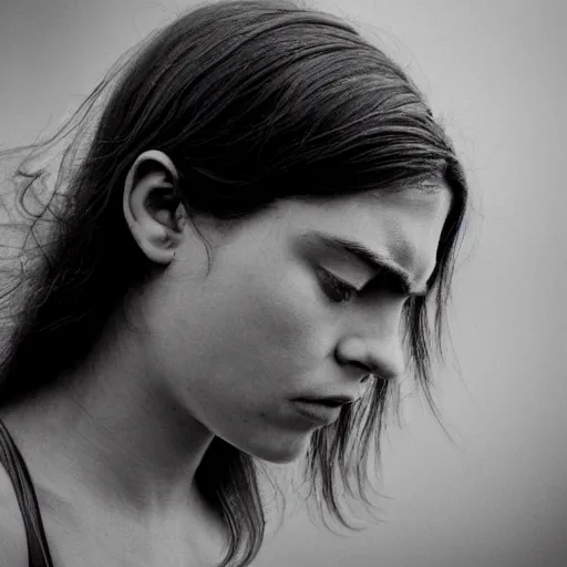 Image similar to award winning photo of some melancholy as antonioni would depict it, she is 2 3, she is beautiful, british journal of photography, photorealistic, closeup, black and white, insanely detailed, facial features details, foggy like in norwegian black metal aesthetic