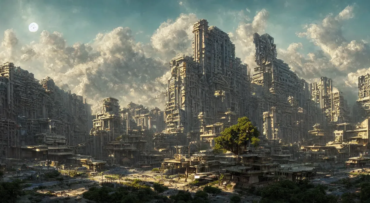 Image similar to dystopian cyberpunk city under kashmir mountains, hill valley grec greeble temple of olympus glory island little wood bridge painting of tower ivy plant in marble late afternoon light, wispy clouds in a blue sky, by frank lloyd wright and greg rutkowski and ruan jia