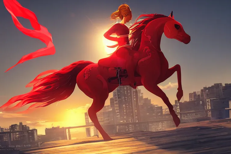 Image similar to beyonce dressed as a ninja riding a red horse on a harlem rooftop, highly detailed, 4k resolution, lighting, anime scenery by Makoto shinkai