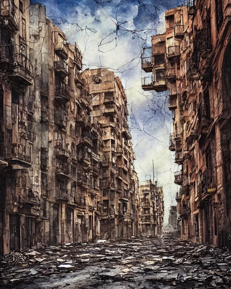 Image similar to abandoned streets of Barcelona, post-apocalyptic painting, cosmic horror