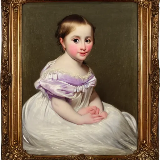 Image similar to portrait of a german toddler princess sitting down in a silk lavender gown, circa 1 8 3 7, by carl joseph begas, highly detailed, beautiful, oil on canvas, 1 8 3 0 s, romanticism