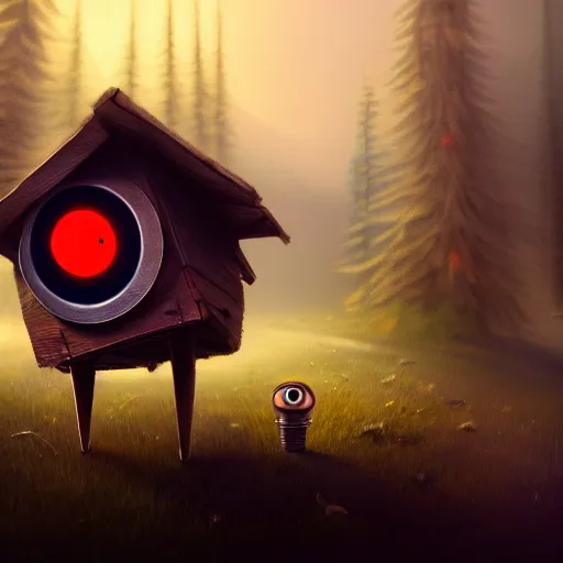 Image similar to a walking small wood house with two mechanical legs and two glowing eyes and a mouth, rust, hyperrealistic, pareidolia, highly detailed, cinematic, single ray of sun, fog, city in background, beautiful, cgssociety, artstation, 8 k, oil painting