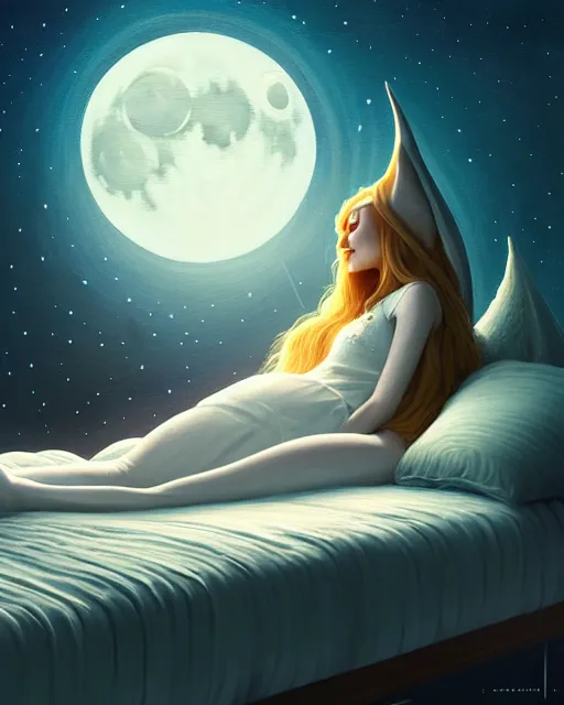 Image similar to beautiful painting of a elven sleeping on her bed with a smiling moon over her, space art, sense of awe, art by mike winkelmann, ross tran, sky night, illustration, highly detailed, simple, smooth and clean vector curves, no jagged lines, vector art, smooth, artstation