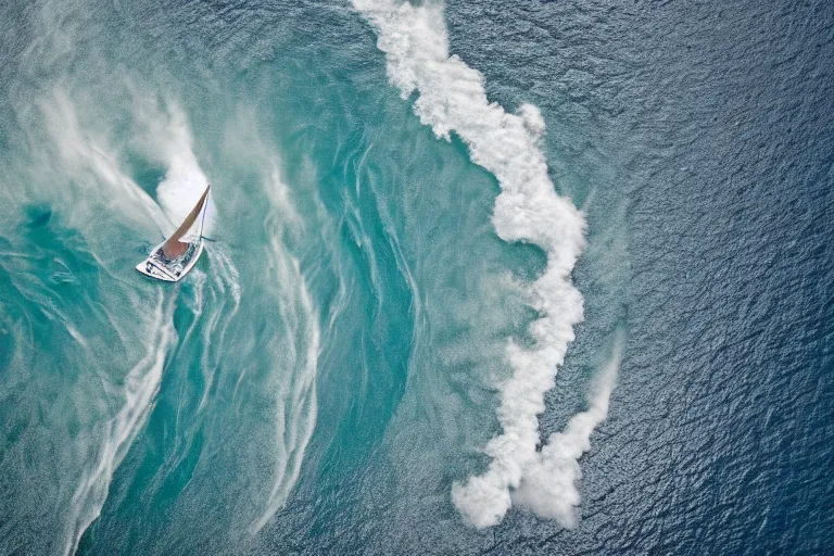 Prompt: brigantine sailing around massive whirlpools. aerial photograph in the style of jean guichard's la jumont