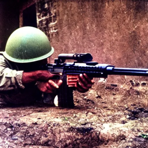 Image similar to “ hamster in the vietnam war firing an m 1 6, action shot, highly detailed, film photograph ”