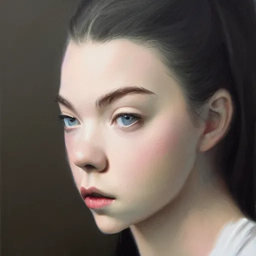 Image similar to ultra realistic painting of Anya Taylor-Joy, profile picture by Greg Rutkowski, Organic Painting, Matte Painting, hard edges, textured photoshop brushes, soft focus, 8k, perfect lighting high contrast, trending on artstation by Sachin Teng