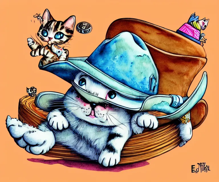 Prompt: cute and funny kitten wearing a cowboy hat riding on the bycivle, ratfink style by ed roth, centered award winning watercolor pen illustration, isometric illustration by chihiro iwasaki, edited by range murata, tiny details by artgerm, symmetrically centered