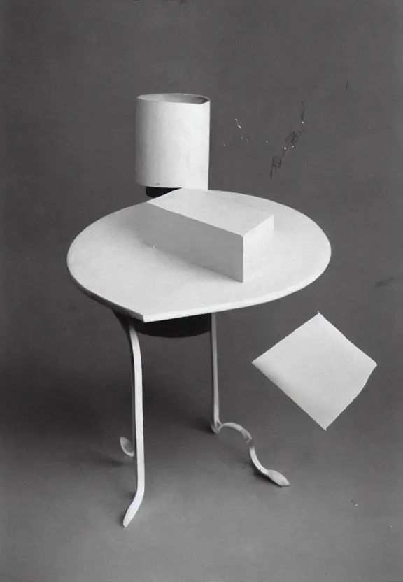 Image similar to a white object with writing on it sitting on a table, a surrealist sculpture by marcel duchamp, archival pigment print, 1 9 1 4, conceptual art, artwork, academic art, surrealist