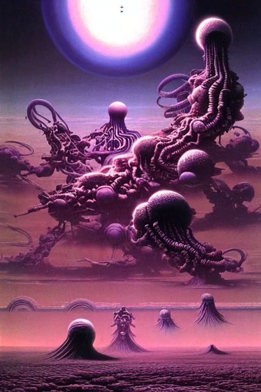 Image similar to terrifying mechanical clouds over alien planet by thomas ligotti and wayne barlowe