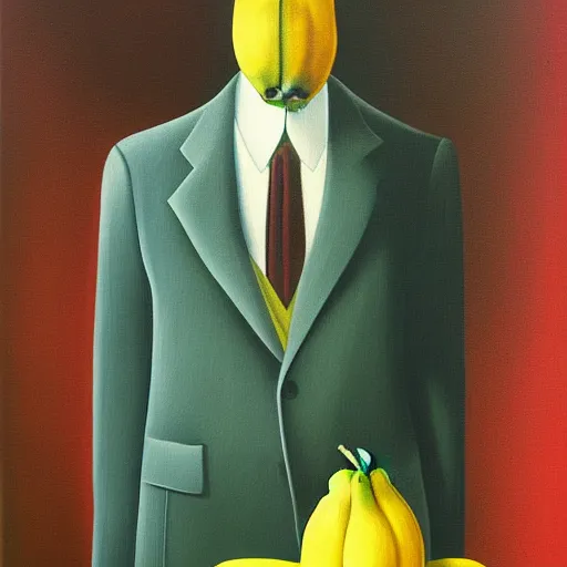 Prompt: banana in suit oil painting magritte