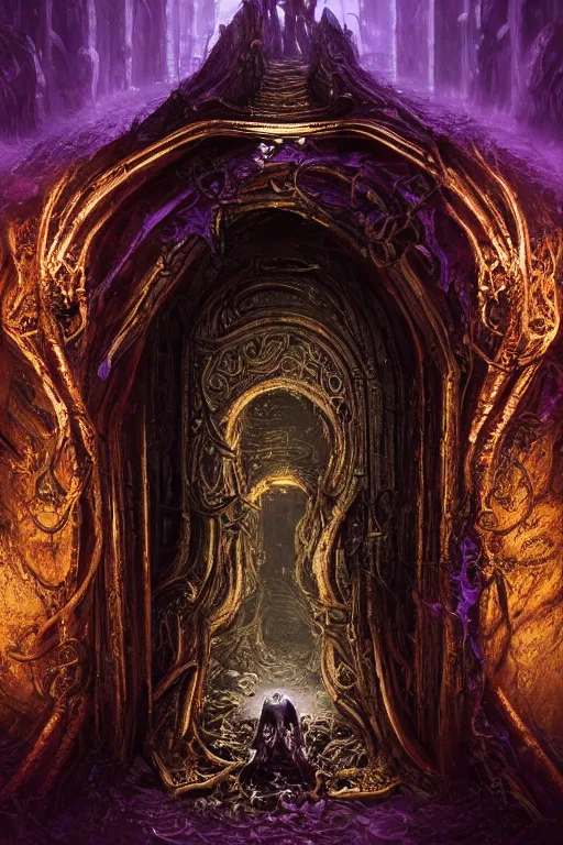 Image similar to extremely 3 d render detailed intricate ornate metallic bone carved concept art of hooded necromancer in front of a lovecraft portal by marc simonetti, rising from the void, dark neon retro wave, purple fog, volumetric mist, golden and mysterious, realistic atmospheric, ominous, cinematic, epic, ultra detailed, ultra realistic, unreal engine, octane render, vivid colors