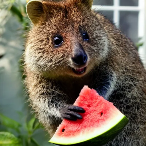 Prompt: a happy quokka surrounded by watermelon