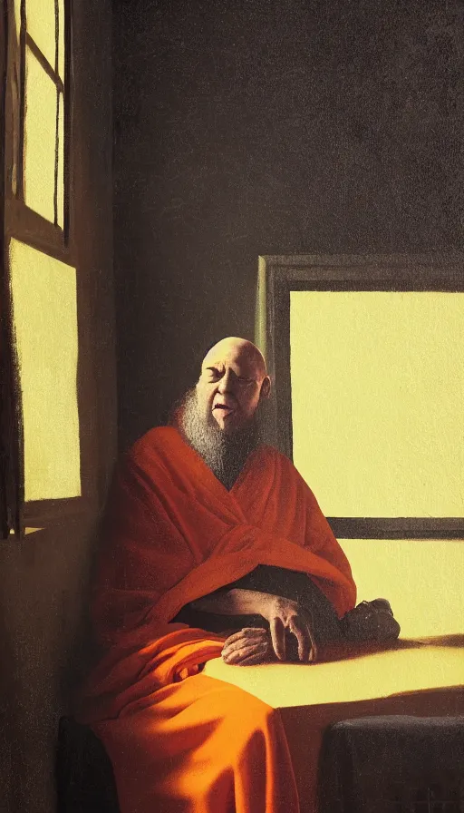 Prompt: portrait of an old monk sitting by a spaceship window, orange robe, dramatic lighting, artstation, matte painting, johannes vermeer